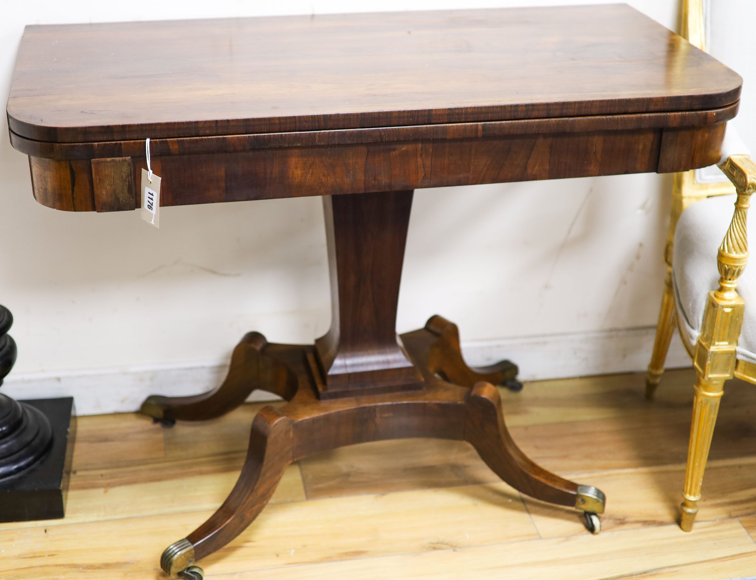 A Regency rosewood rectangular folding tea table, width 99cm, depth 48cm, height 75cm